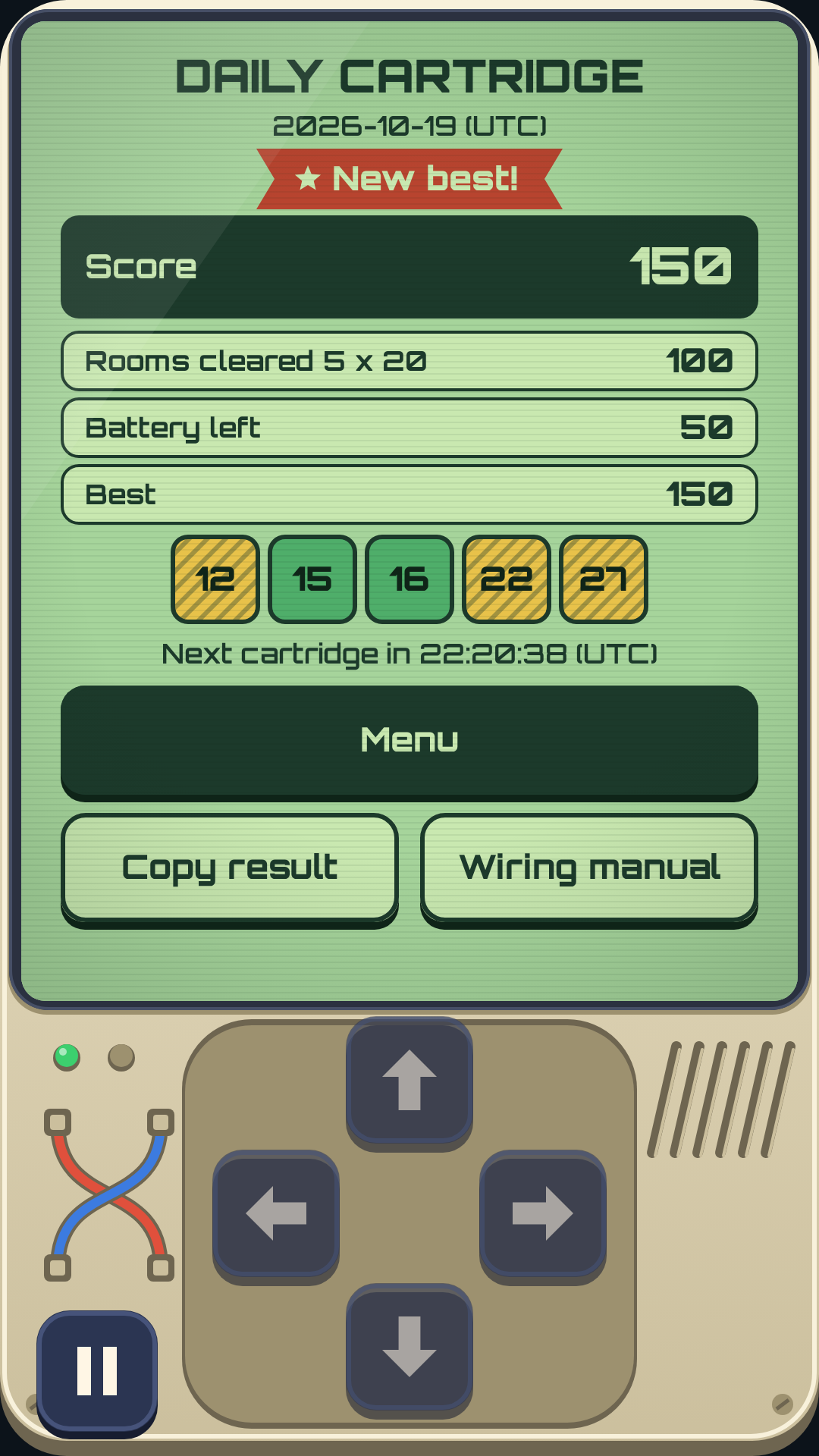 Daily results: score breakdown and a row of green and yellow squares with moves per room.
