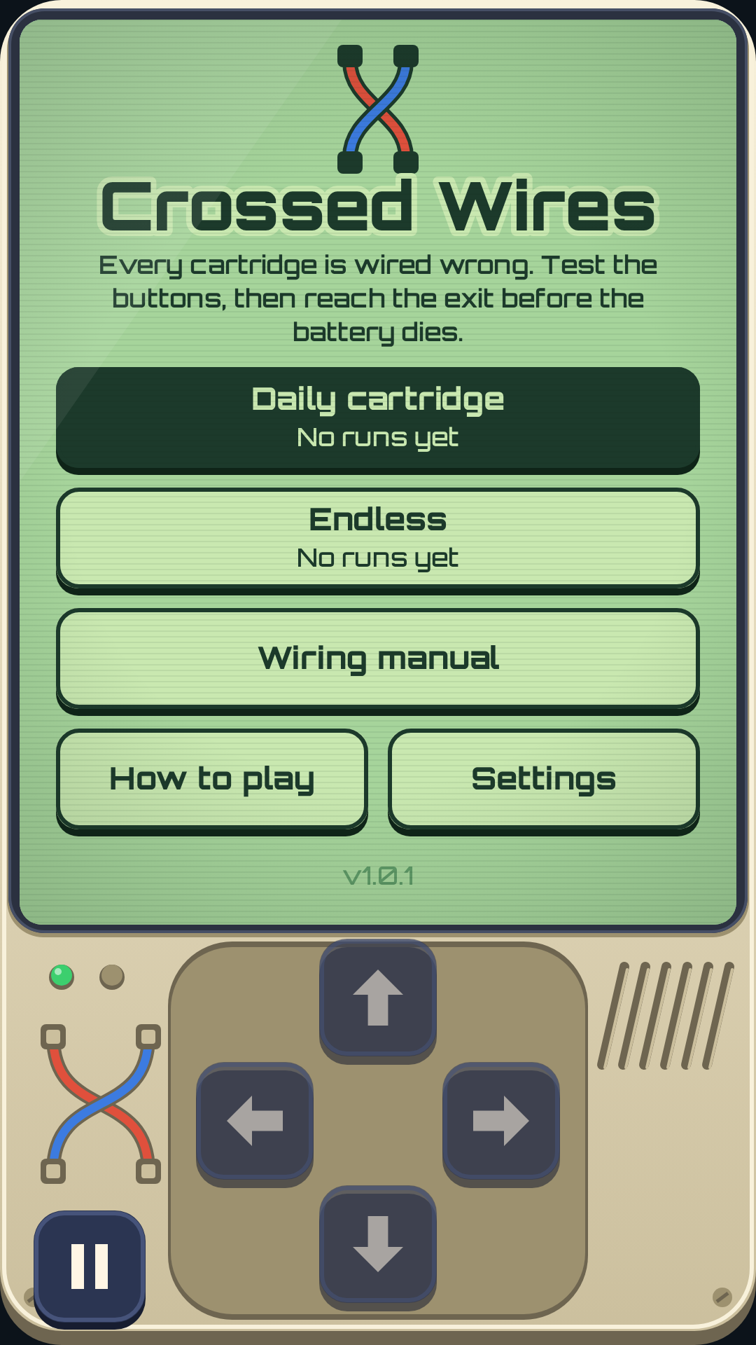 Title screen of Crossed Wires: the KLUNK-7 handheld with Daily and Endless buttons.
