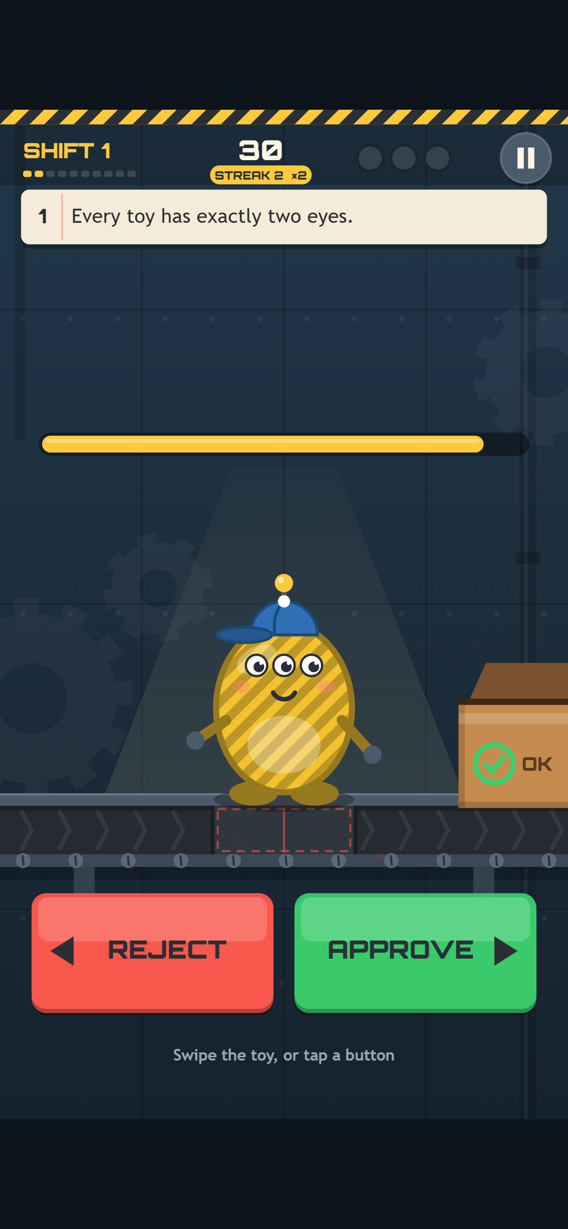 The production inspection screen in shift 1: a striped yellow critter in a backwards blue cap under the lamp, gears on the wall, a belt with rollers and chevrons, a dashed trapdoor outline, a cardboard OK box with a green tick and a STREAK 2 ×2 badge under the score