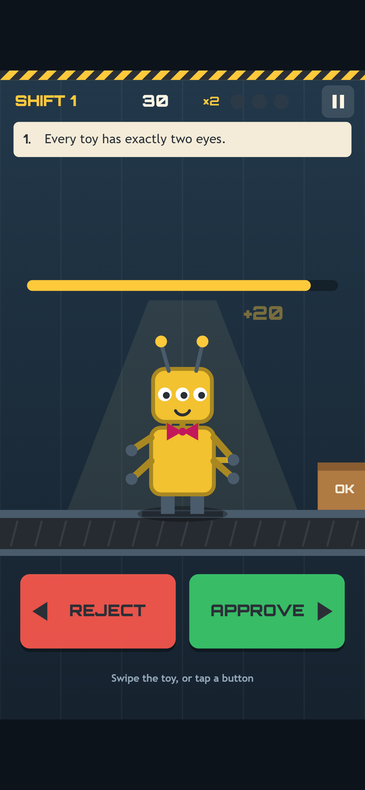 The prototype inspection screen in shift 1: a flat yellow robot under a grey light cone, a plain belt and a simple OK box
