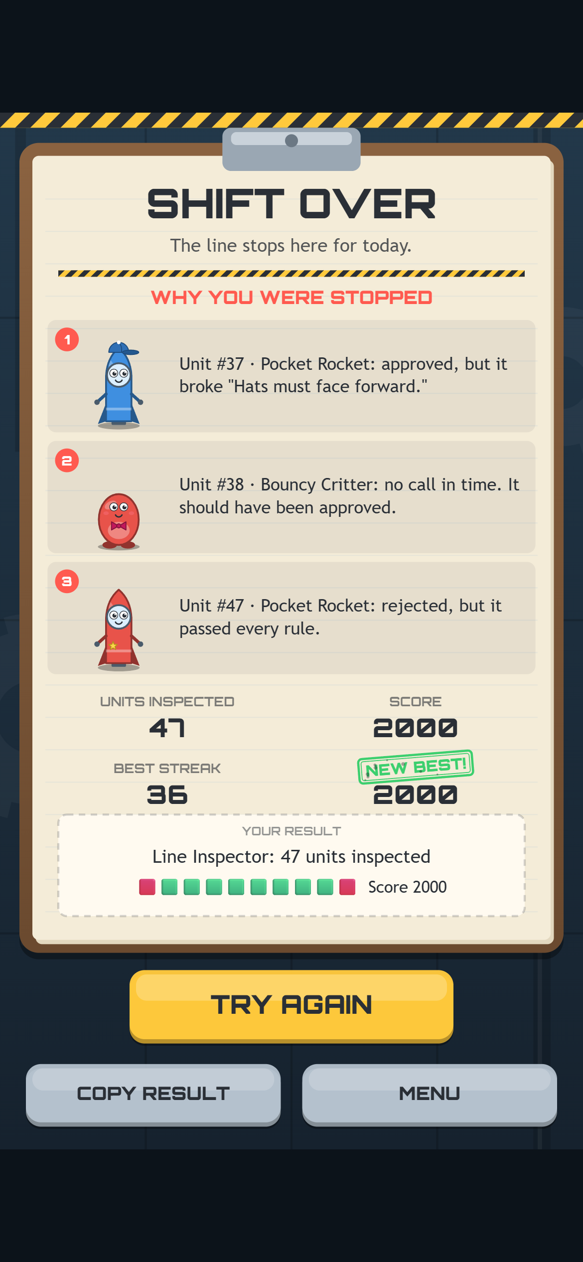 The SHIFT OVER card on a phone: three strikes, 47 units inspected, a score of 2000 with NEW BEST!, a best streak of 36, the share line, and a large yellow TRY AGAIN button low on the screen, about where the call buttons sit during play